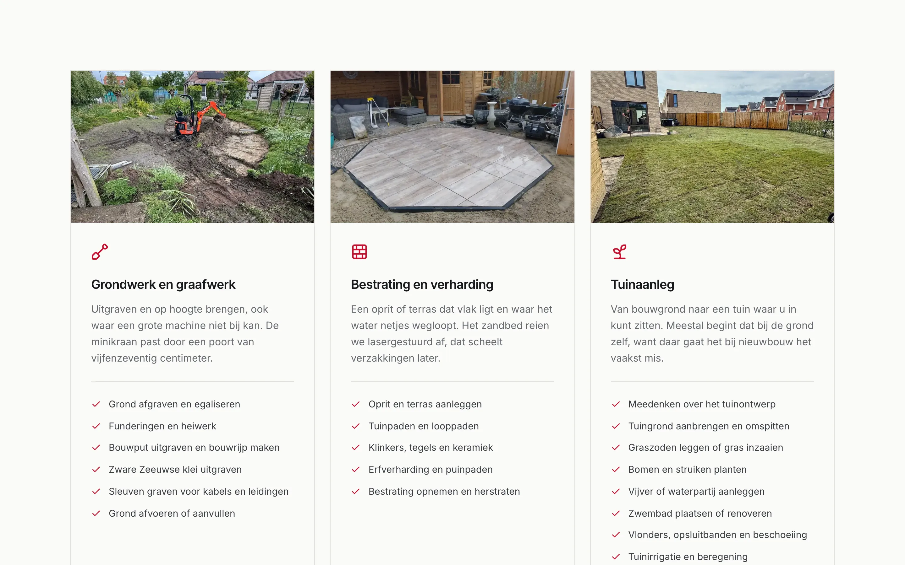 De dienstenpagina van Van Cadsand Service, met per dienst een foto, uitleg en opsomming