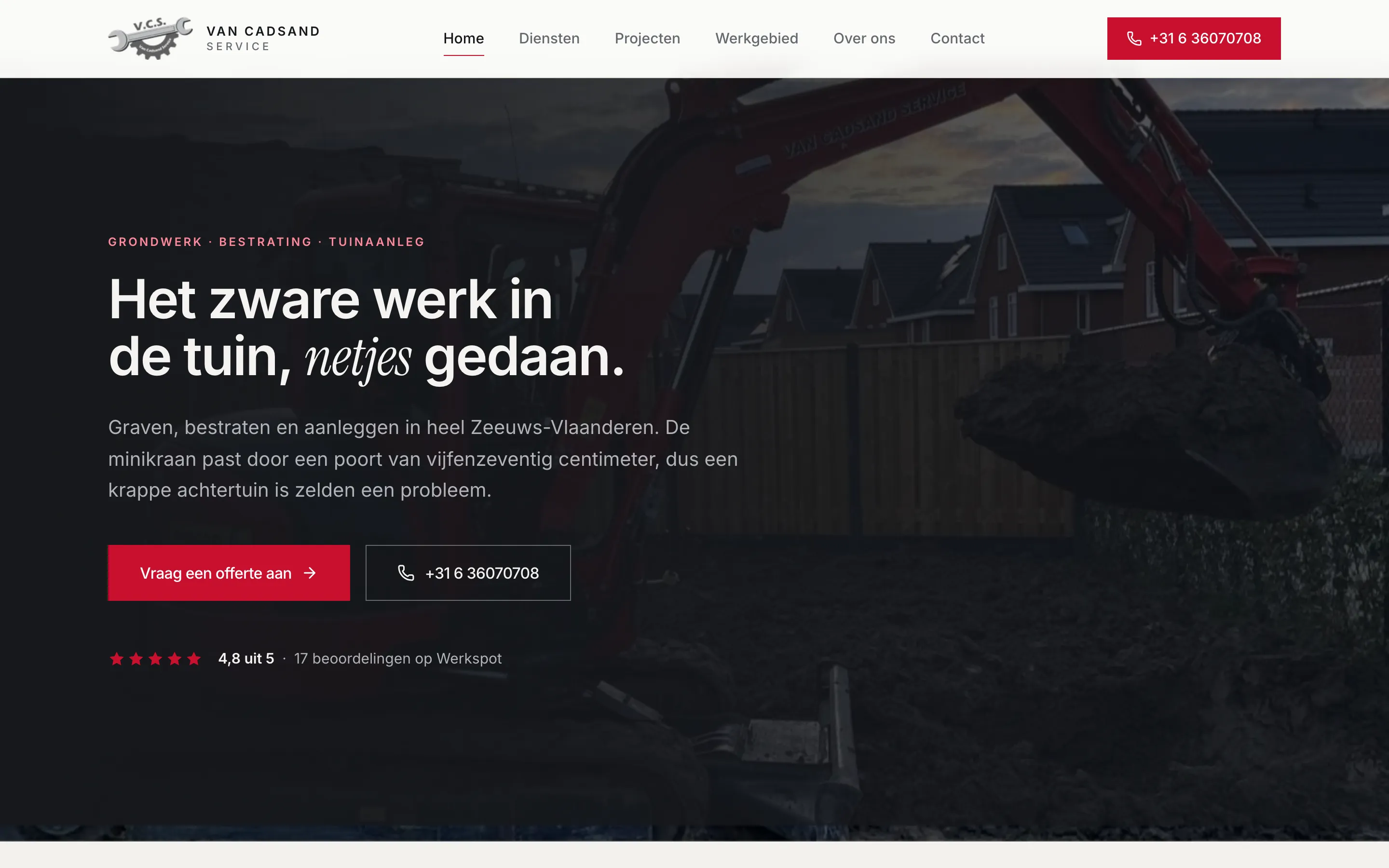 Screenshot van de homepage van Van Cadsand Service met een minikraan op de achtergrond
