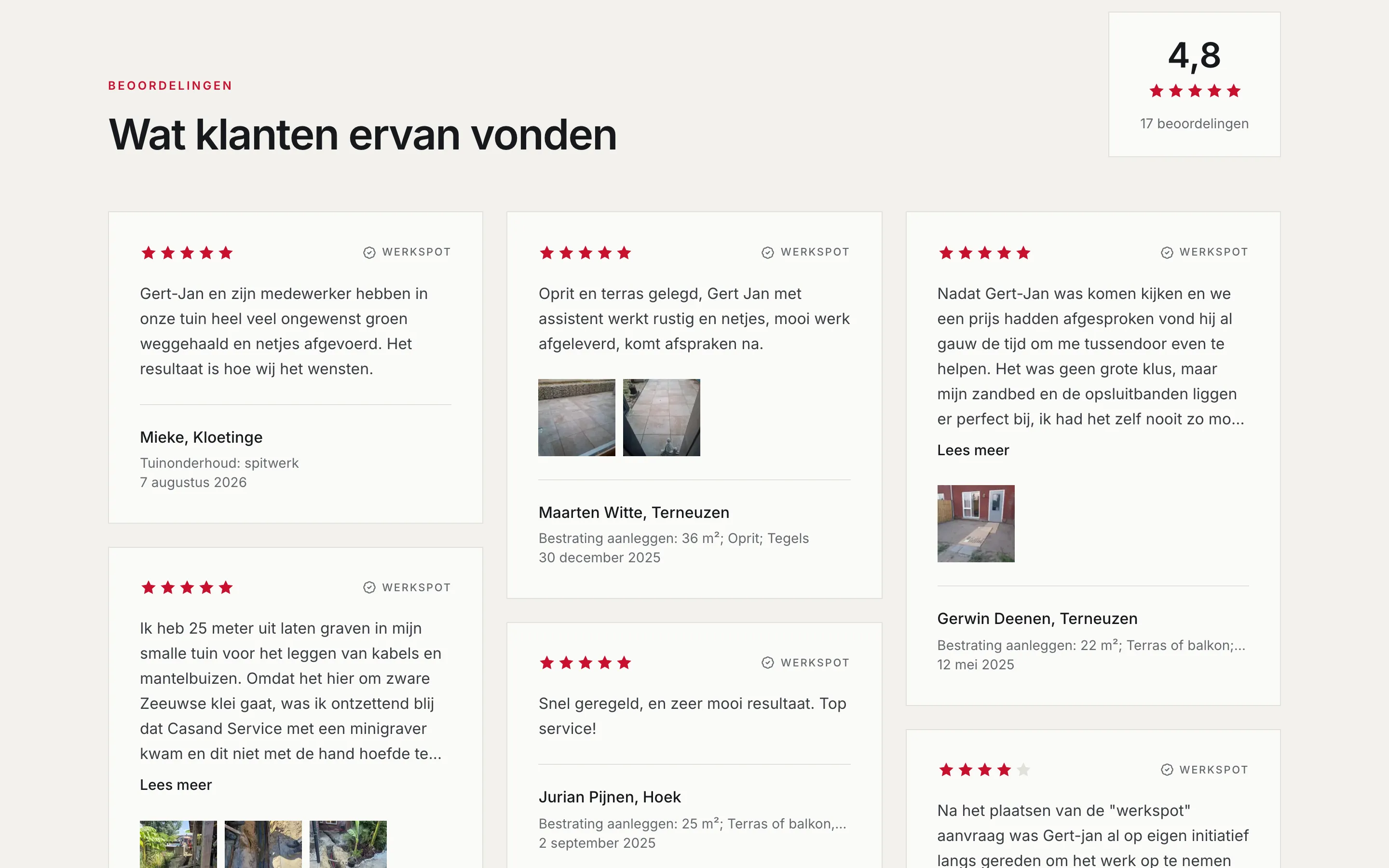 Het beoordelingenoverzicht op de homepage met 4,8 uit 5 en losse reviews van Werkspot